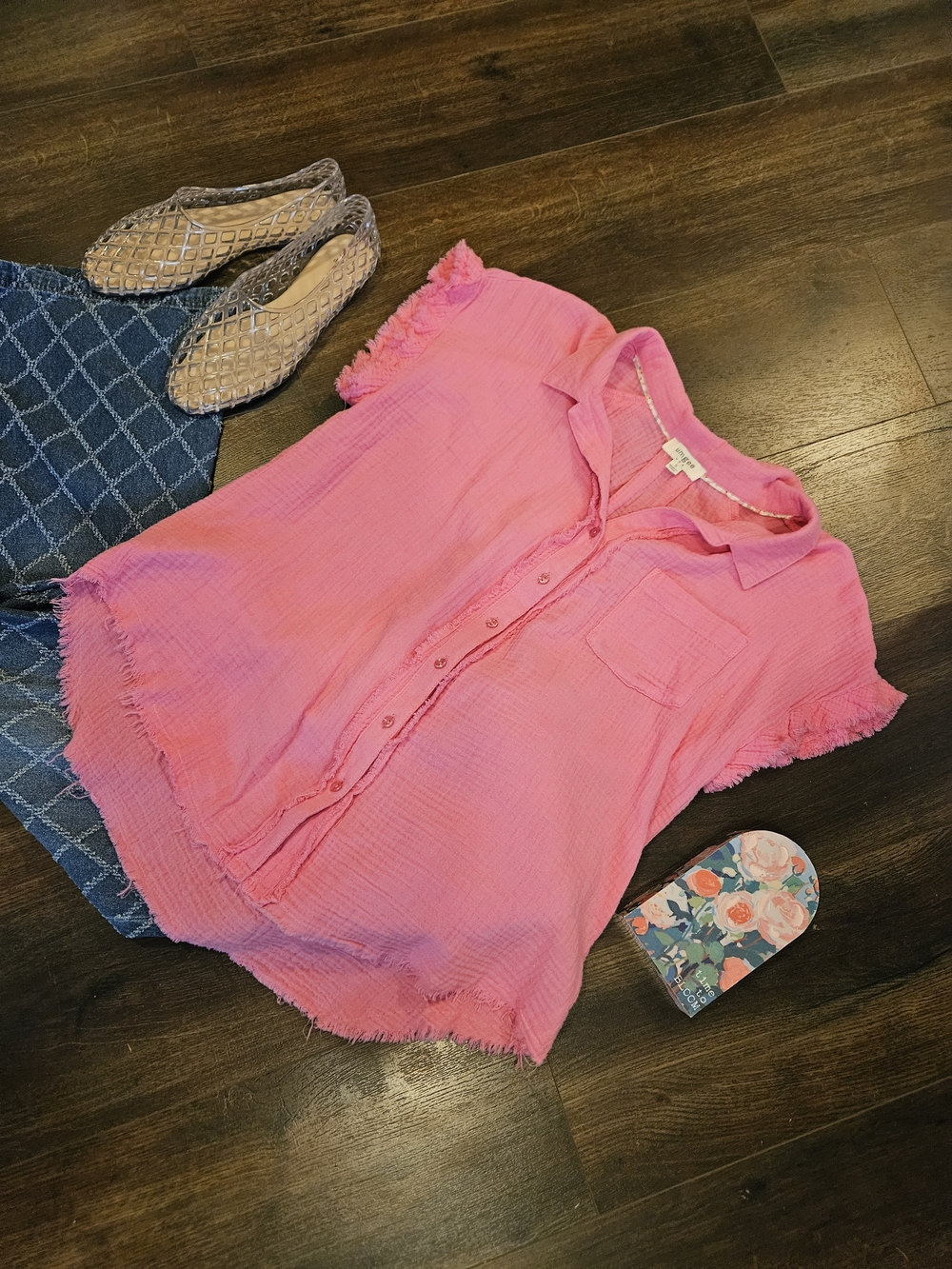 Umgee Hot Pink Short Sleeve Button-Up Blouse with Frayed Edges